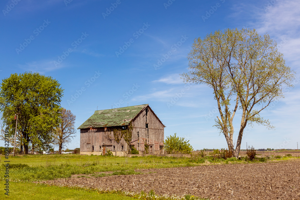 Field with old farm and blue sky