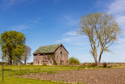 Field with old farm and blue sky