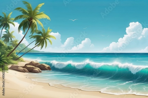 Tropical beach with palm trees sunny sky and white fluffy clouds texture landscape for summer vacation 