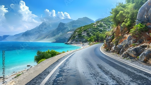 Scenic European road trip in summer driving along the beachside highway. Concept European Road Trip, Beachside Highway, Scenic Views, Summer Adventure, Travel Photography photo
