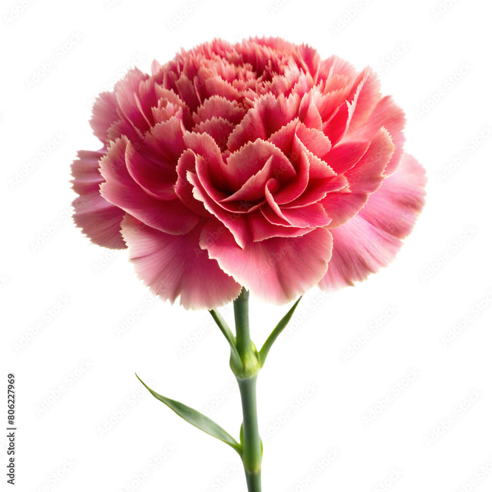 A solitary pink carnation with lush petals stands against a transparent backdrop A solitary pink carnation with lush petals stands against a transparent backdrop