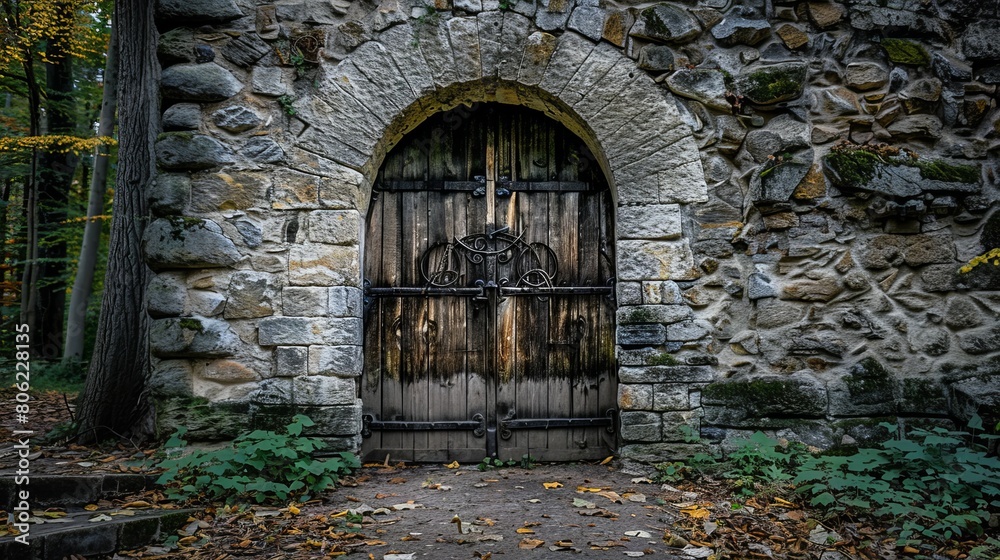 A large wooden door swings open within the rock castle wall. A large wooden door swings open within the rock castle wall.