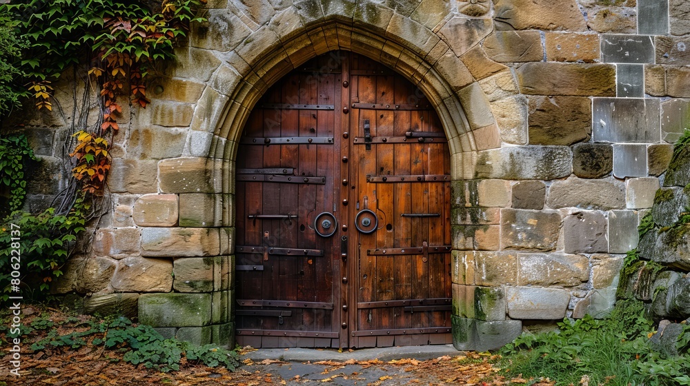 A large wooden door swings open within the rock castle wall. A large wooden door swings open within the rock castle wall.