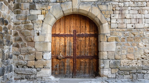 A large wooden door swings open within the rock castle wall.