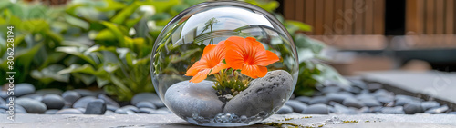 Within the transparent confines of a glass globe, the vibrant orange petals of the flowers are magnified, their intricate details and vivid colors capturing the attention of passersby