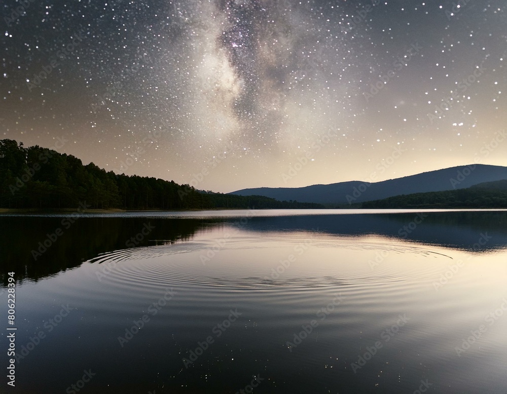 Center on the gentle ripples of a lake under a starry sky, where the stars are artistically blurred into a bokeh effect