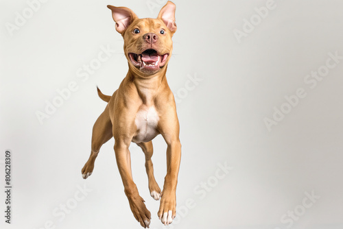 Portrait of cute small dog  Bull Terrier standing on hind legs  dancing isolated over white background. Concept of domestic animal  pet friend  care  motion  vet. Copy space for ad  flyer