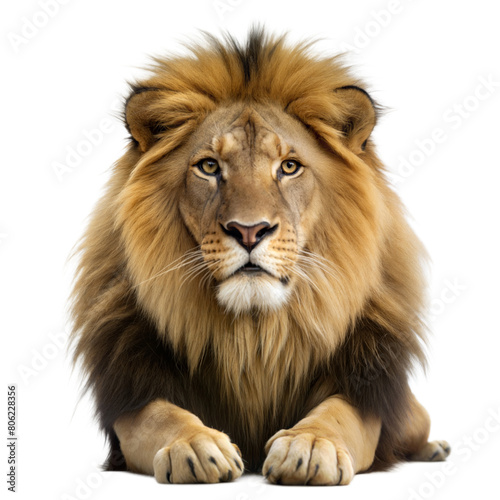 A regal male lion sits calmly  gazing forward