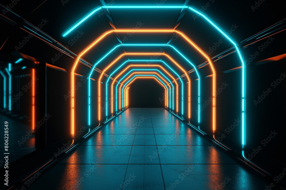 An illuminated passage with blue and orange neon lighting in a modern, sci-fi setting An illuminated passage with blue and orange neon lighting in a modern, sci-fi setting