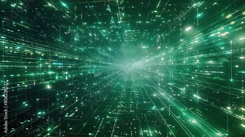 A 3D rendering of a digital matrix composed of particles forming a grid, representing a virtual reality space.