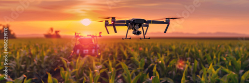 Dron flying over green field of corn with tractor in sunset background, concept on agricultural technology and digital agriculture with drone
