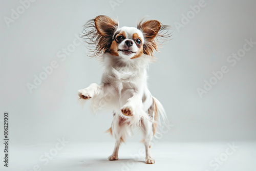 Portrait of cute small dog, Shih Tzu standing on hind legs, dancing isolated over white background. Concept of domestic animal, pet friend, care, motion, vet. Copy space for ad, flyer © Unknown studio