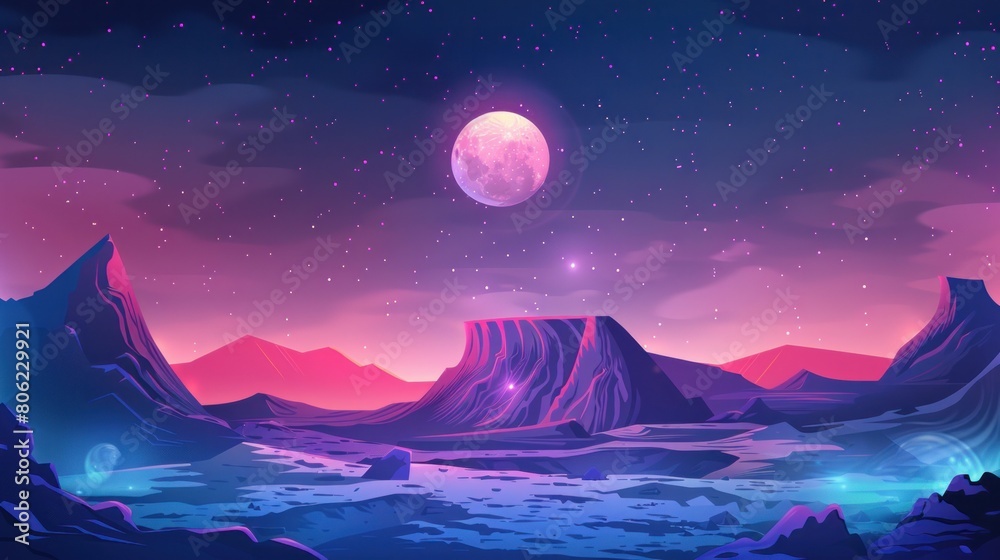 Fototapeta premium Futuristic landscape of an alien planet surface with a glowing moon or satellite hovering above a rocky terrain