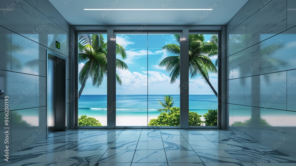 Depicting an office elevator-vacation concept, stark elevator doors open to reveal a serene scene of palm trees, a beach, and the ocean.