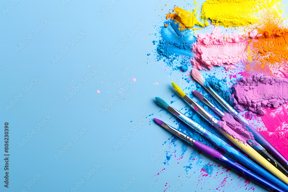 Obraz premium Blue background with brushes and colorful paints to the right. Generated with AI.