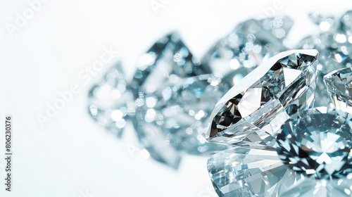 Panoramic still image of sparkling  expensively cut diamonds displayed prominently against a clean white background.  
