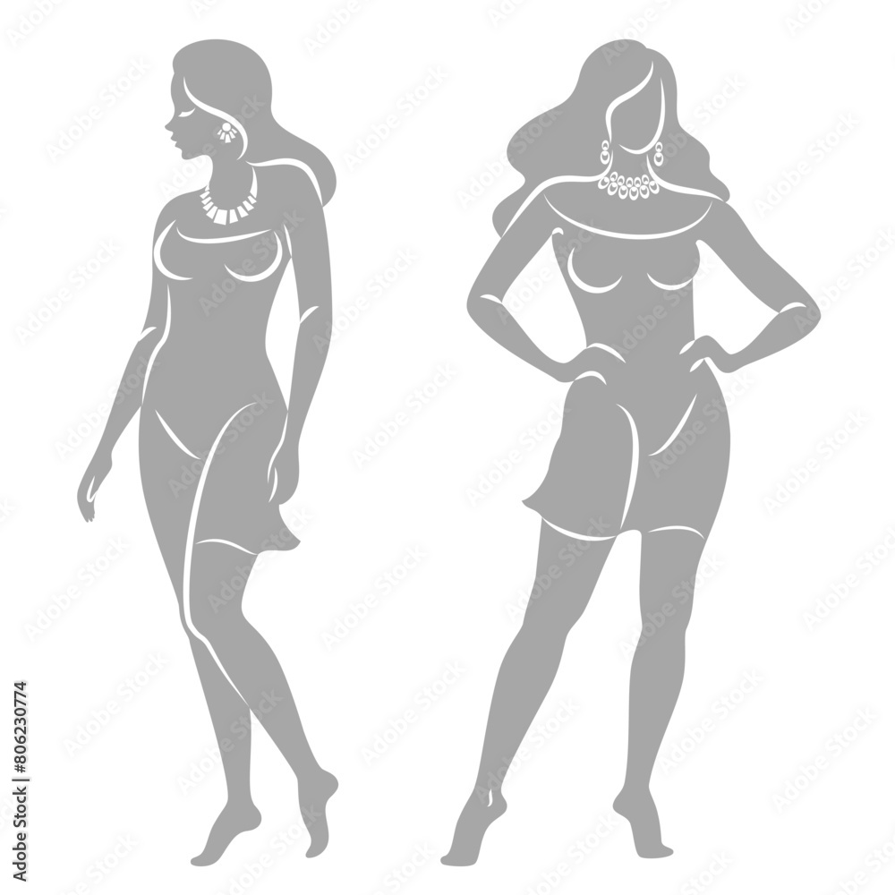 Fototapeta premium Collection. Silhouette of a woman in style. The girl is slim and beautiful. Lady suitable for decor, posters, stickers, logo. Vector illustration set