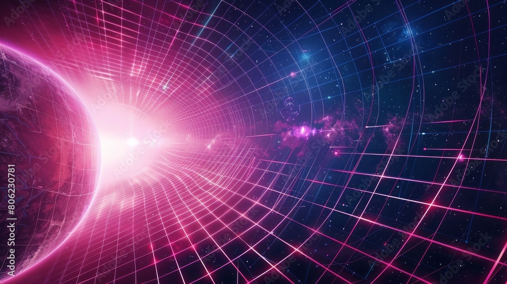 An artistic synthwave vector graphic showing glowing grids extending into a starry space backdrop.


