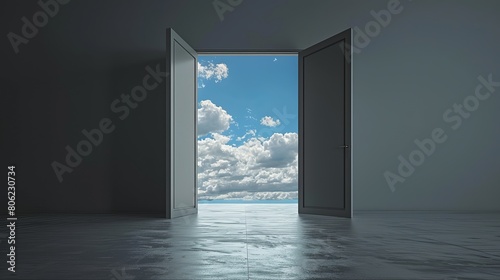Doors swing open, unveiling a beautiful sky in a dark grey room.