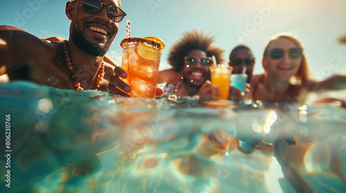 A group of young people are sitting in the pool with a cocktail in their hands. The pleasure of relaxation and vacation. photo
