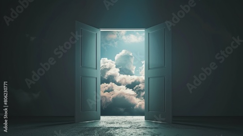 Doors swing open  unveiling a beautiful sky in a dark grey room.