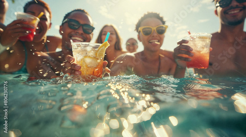 A group of young people are sitting in the pool with a cocktail in their hands. The pleasure of relaxation and vacation. photo