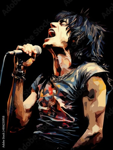 Singing expressive long-haired rock singer guy in t-shirt with microphone on the stage, close-up.