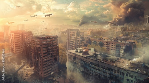 Illustration of a futuristic city in a post-apocalyptic world, featuring flying spaceships over dilapidated buildings under a dark sky. photo