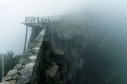Misty Seaside Cliff with Dilapidated Wooden Bridge