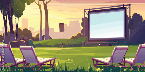 Summer Sunset Cinema: Cartoon Vector Illustration of Open Air Movie Theater