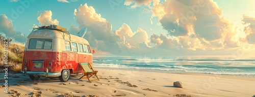 A van standing on a tropical beach in summer. Vacation, ocean, sand beach, travel and surf concept. photo