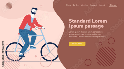 Bearded man riding bike. Male character travel by bicycle flat vector illustration. Eco transport, outdoor activity, cycling concept for banner, website design or landing web page