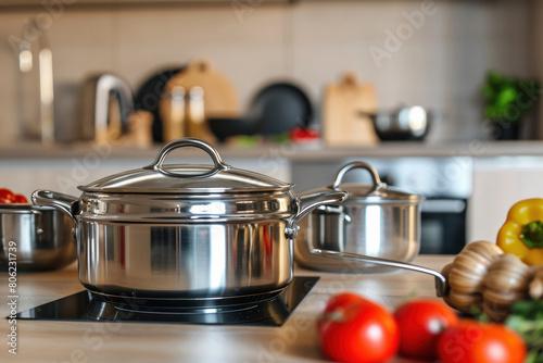 cookware set on blur kitchen background
