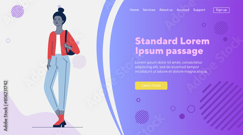 Cartoon Black woman in casual with backpack. Full body of dark skinned female student flat vector illustration. Fashion, clothes concept for banner, website design or landing web page