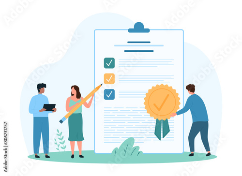 Document approval, assessment of financial agreements and contracts. Tiny people with pencil and seal check legal form and paper sheet with checklist, approve with stamp cartoon vector illustration