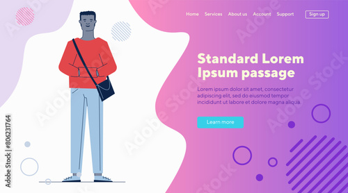 Cartoon dark skinned guy in casual with bag. Full length of black male student flat vector illustration. Fashion, trendy young man concept for banner, website design or landing web page