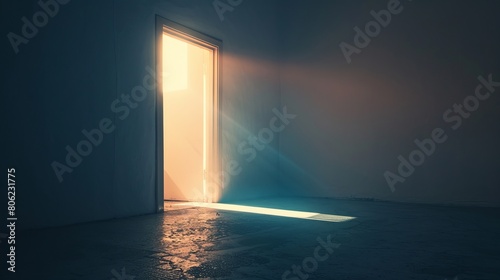 In a dark room  light streams in through an open door symbolizing new possibilities  hope  and overcoming problems.