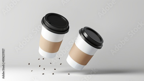 Mock-up of white paper coffee cups on a blank background, including a black cup lid, with two cups suspended dynamically and a Kraft cup holder.