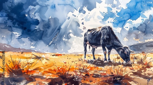 Dynamic watercolor painting of a cow grazing under stormy skies, set in a vibrant, expressive landscape with dramatic cloud cover. photo
