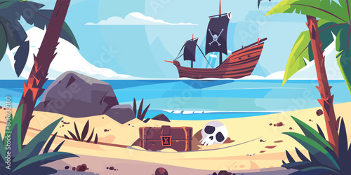 Pirate Treasure Burial: Cartoon Vector Illustration of Island Beach Landscape