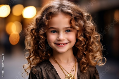 beautiful young woman with long wavy hair and gold earrings