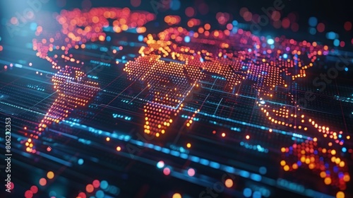global network technology concept  dotted world map graphic with futuristic elements Abstract mashed lines and dot scale with grid line mesh World Map