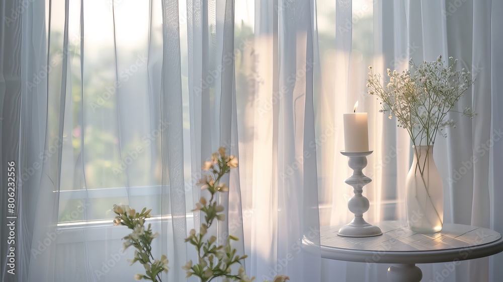 Transparent fluttering curtain in the room with a candlestick on the table. romantic mood and spring weather. ventilation of premises. fresh wind