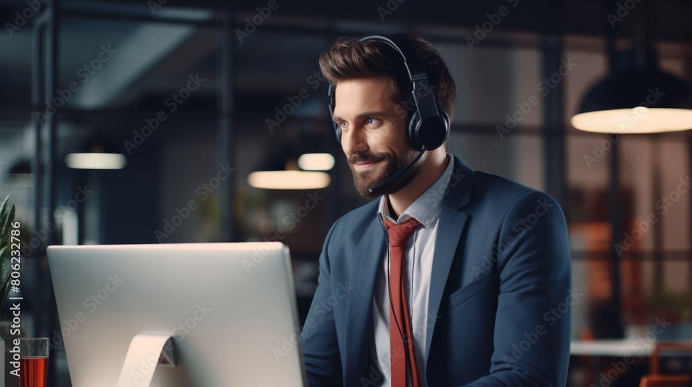 Fototapeta premium A man with headphones in a call center 