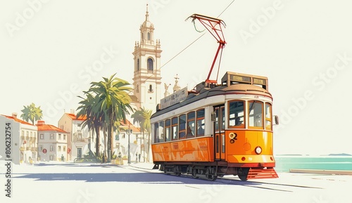 vintage travel poster of an orange tram in Lisbon, a simple flat illustration with muted colors and shades 