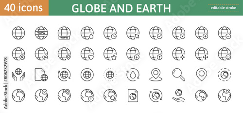 Globe and earth 40 line icons set. World, web, global, sphere sign. Planet, map symbol. Isolated on a white background. Pixel perfect. Editable stroke. 64x64.