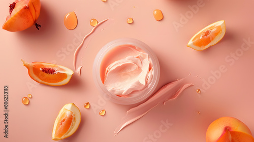 A beauty product cream with peach slice and water drops