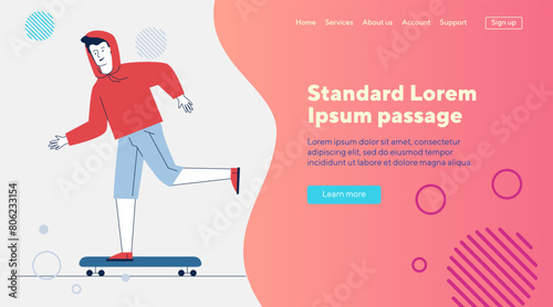 Guy in casual skateboarding. Male character riding longboard flat vector illustration. Skateboarder outdoor activity, lifestyle concept for banner, website design or landing web page