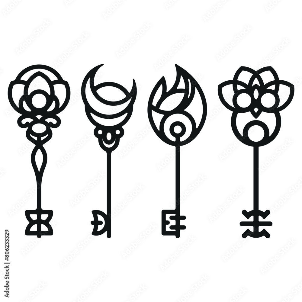 Obraz premium key illustrations inspired by scepter, moon, fire, and owl