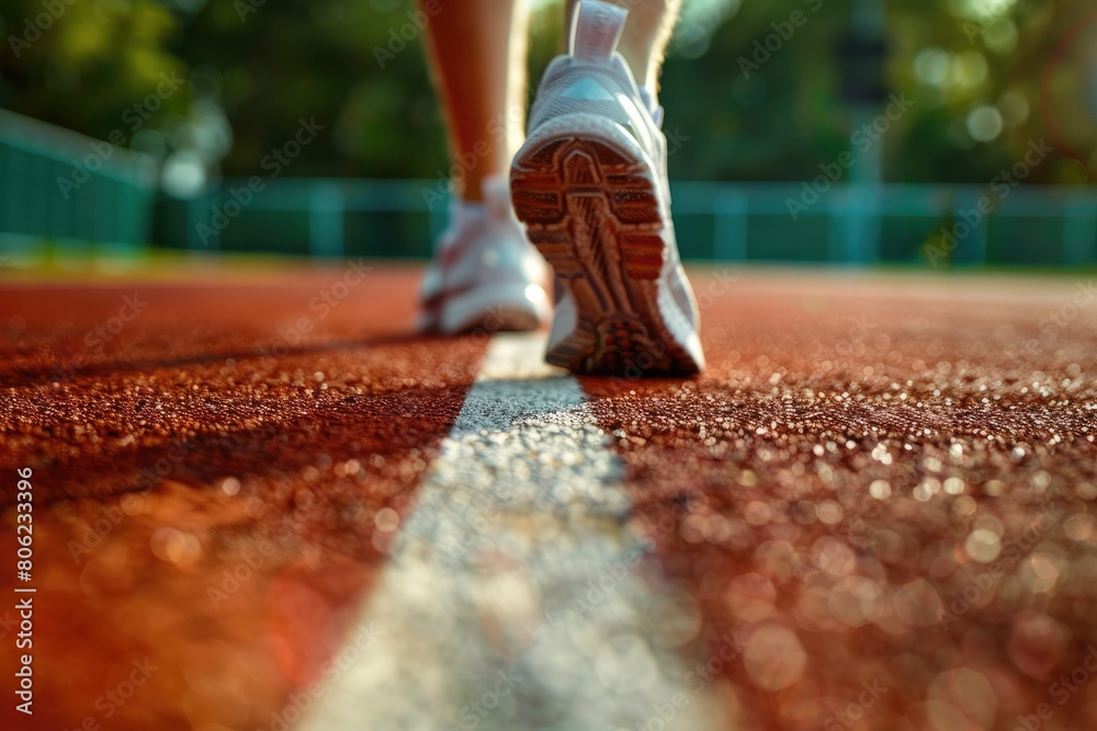 Close up of an athletes sports shoes running on a sports track on sunny day